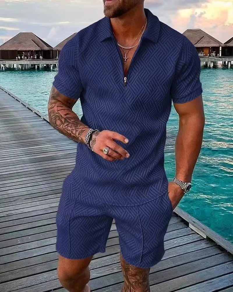 New 2026 Men'S Polo Suit Fashion Men Sets Solid Summer V-Neck Zipper Short Sleeve POLO Shirt+Shorts Two Pieces Men Casual Suit