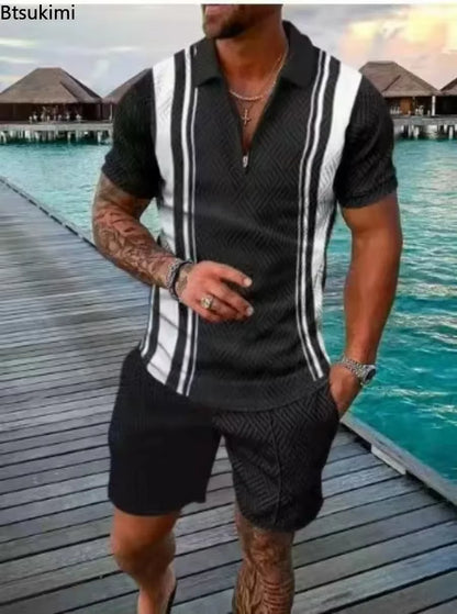 New 2026 Men'S Polo Suit Fashion Men Sets Solid Summer V-Neck Zipper Short Sleeve POLO Shirt+Shorts Two Pieces Men Casual Suit