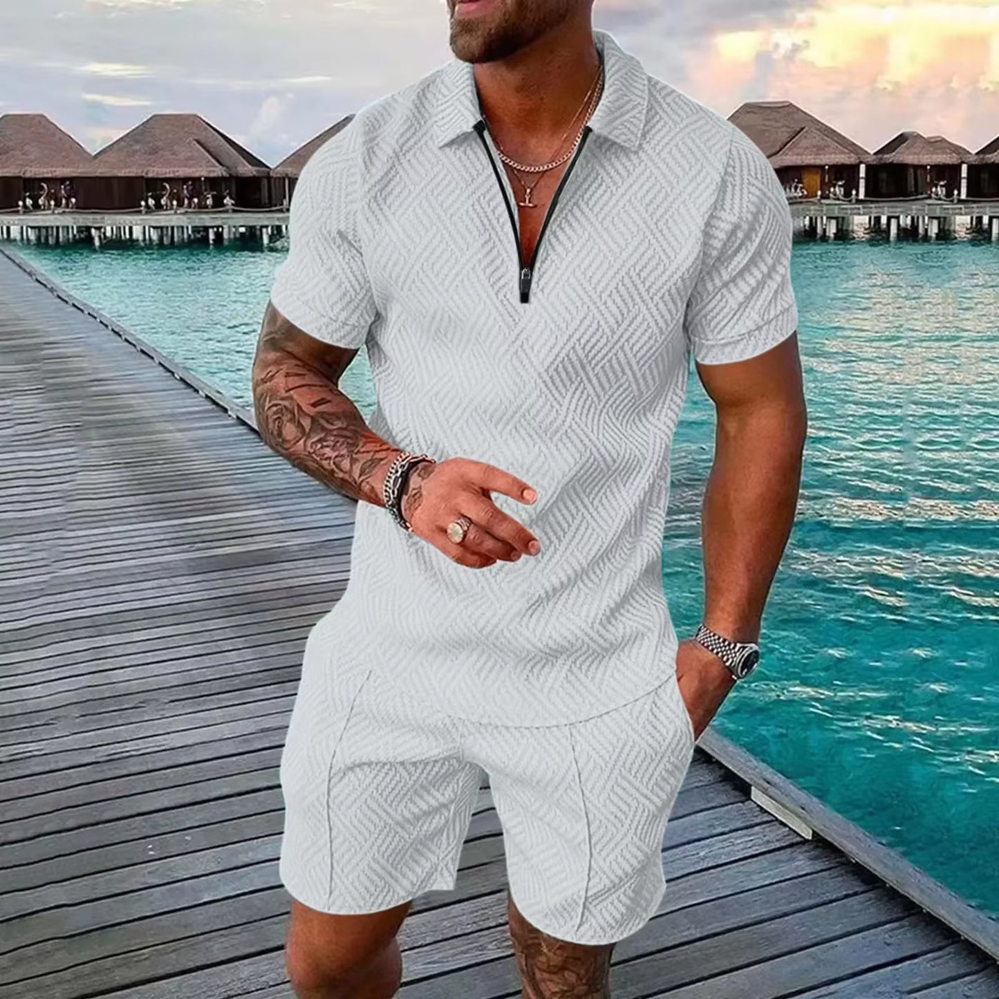 New 2026 Men'S Polo Suit Fashion Men Sets Solid Summer V-Neck Zipper Short Sleeve POLO Shirt+Shorts Two Pieces Men Casual Suit