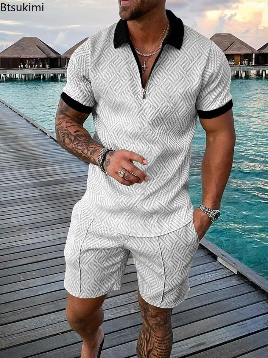New 2026 Men'S Polo Suit Fashion Men Sets Solid Summer V-Neck Zipper Short Sleeve POLO Shirt+Shorts Two Pieces Men Casual Suit