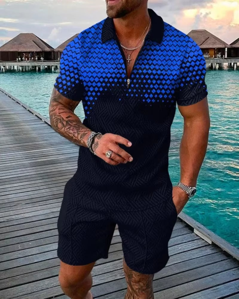 New 2026 Men'S Polo Suit Fashion Men Sets Solid Summer V-Neck Zipper Short Sleeve POLO Shirt+Shorts Two Pieces Men Casual Suit