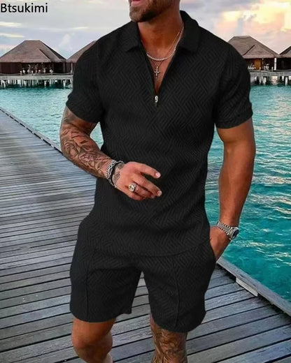New 2026 Men'S Polo Suit Fashion Men Sets Solid Summer V-Neck Zipper Short Sleeve POLO Shirt+Shorts Two Pieces Men Casual Suit