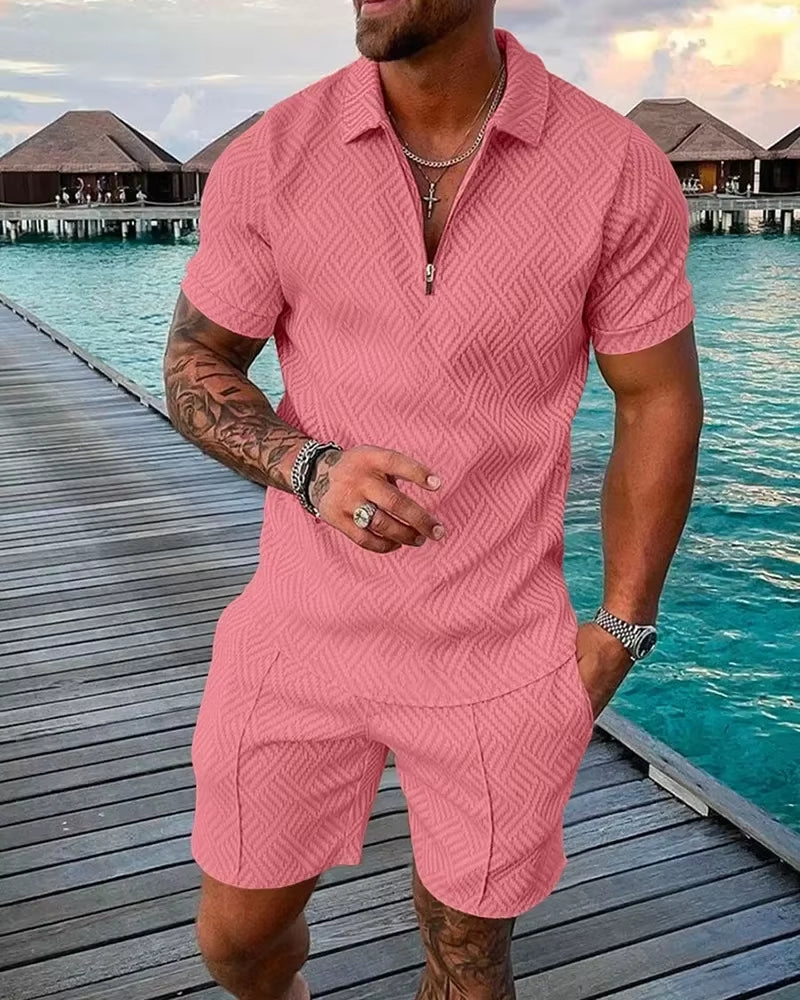 New 2026 Men'S Polo Suit Fashion Men Sets Solid Summer V-Neck Zipper Short Sleeve POLO Shirt+Shorts Two Pieces Men Casual Suit