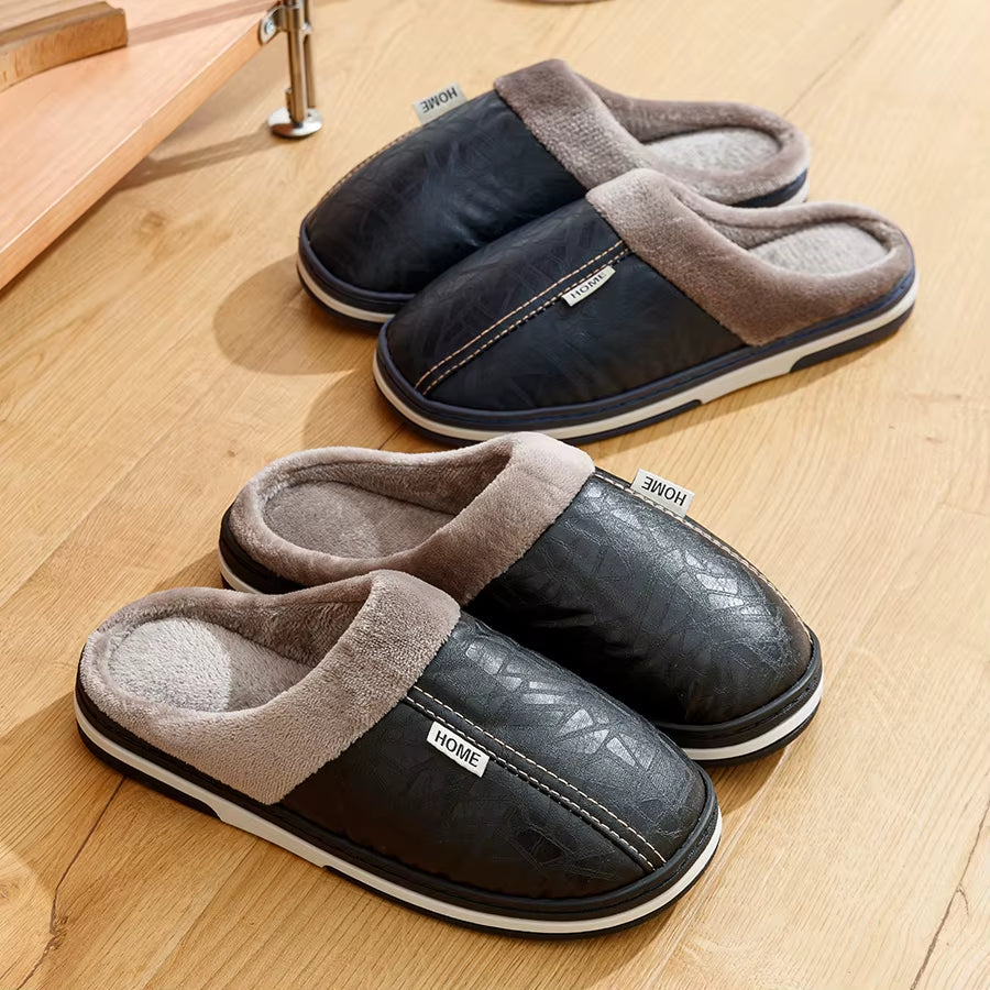 Men'S Slippers Winter Big Size Indoor Waterproof PU Leather Large Sizes Home Cotton Shoes Fur Flat Cotton Bedroom Houseshoes