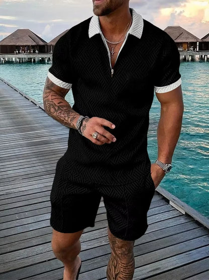 New 2026 Men'S Polo Suit Fashion Men Sets Solid Summer V-Neck Zipper Short Sleeve POLO Shirt+Shorts Two Pieces Men Casual Suit