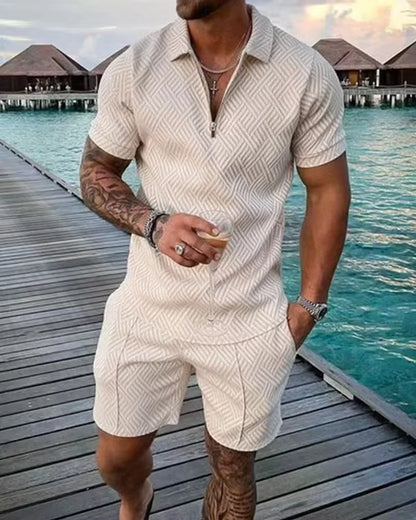 New 2026 Men'S Polo Suit Fashion Men Sets Solid Summer V-Neck Zipper Short Sleeve POLO Shirt+Shorts Two Pieces Men Casual Suit