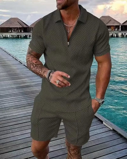 New 2026 Men'S Polo Suit Fashion Men Sets Solid Summer V-Neck Zipper Short Sleeve POLO Shirt+Shorts Two Pieces Men Casual Suit
