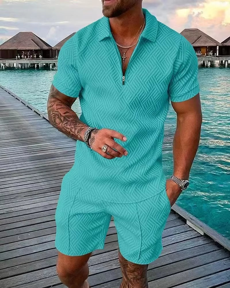 New 2026 Men'S Polo Suit Fashion Men Sets Solid Summer V-Neck Zipper Short Sleeve POLO Shirt+Shorts Two Pieces Men Casual Suit