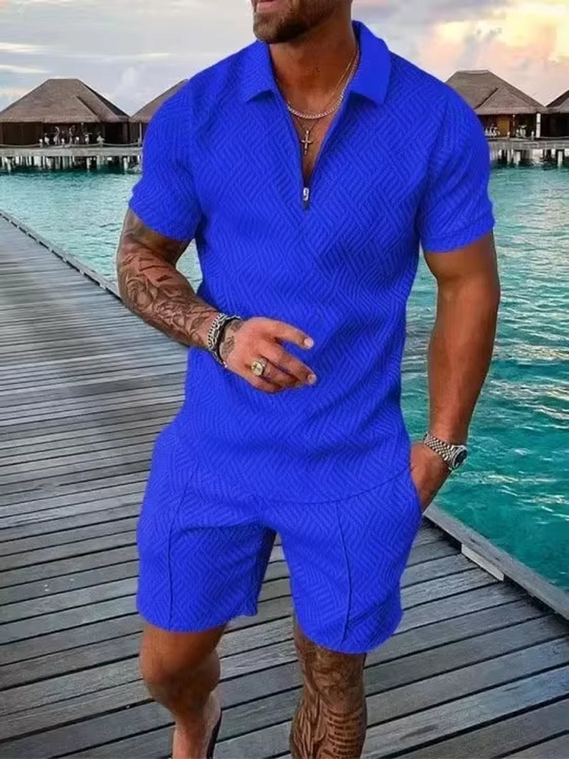 New 2026 Men'S Polo Suit Fashion Men Sets Solid Summer V-Neck Zipper Short Sleeve POLO Shirt+Shorts Two Pieces Men Casual Suit