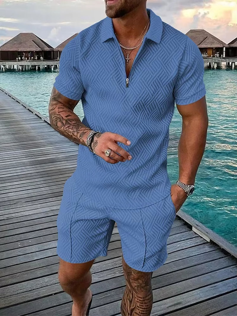 New 2026 Men'S Polo Suit Fashion Men Sets Solid Summer V-Neck Zipper Short Sleeve POLO Shirt+Shorts Two Pieces Men Casual Suit