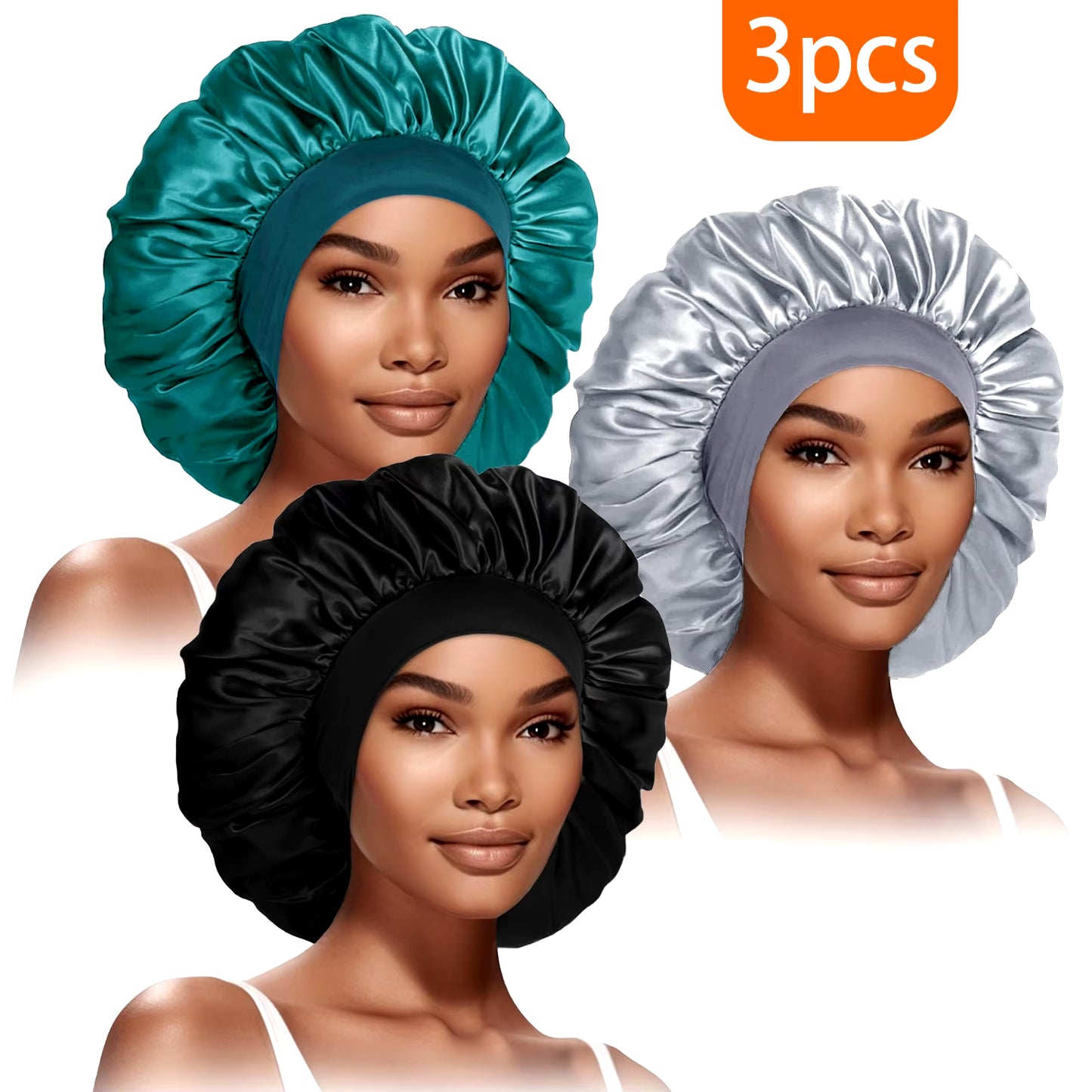 3Pcs Women'S Fashion Bonnet Large Wide Edge Elastic Hat Casual Sports Silk Smooth Suitable for Curled Straight Hair Sleeping Hat