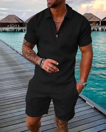New 2026 Men'S Polo Suit Fashion Men Sets Solid Summer V-Neck Zipper Short Sleeve POLO Shirt+Shorts Two Pieces Men Casual Suit