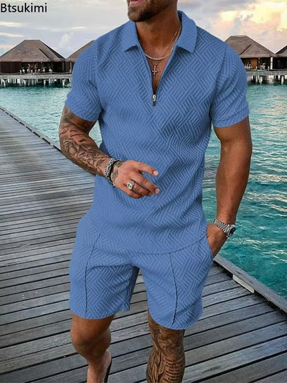New 2026 Men'S Polo Suit Fashion Men Sets Solid Summer V-Neck Zipper Short Sleeve POLO Shirt+Shorts Two Pieces Men Casual Suit