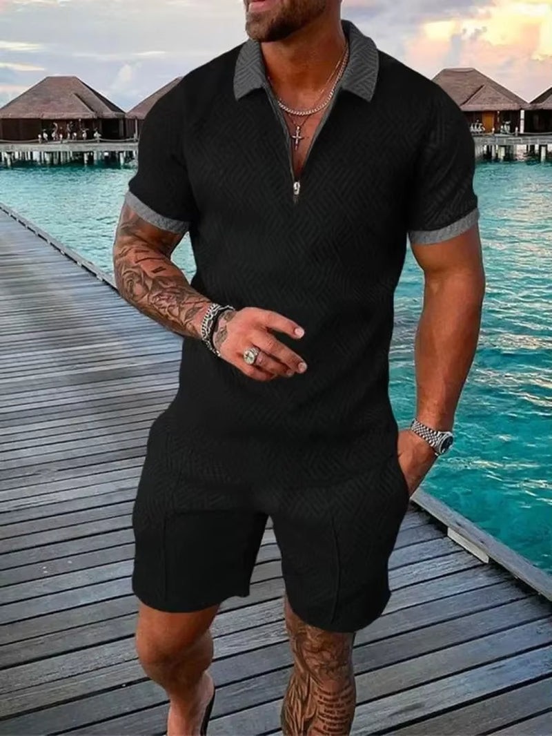 New 2026 Men'S Polo Suit Fashion Men Sets Solid Summer V-Neck Zipper Short Sleeve POLO Shirt+Shorts Two Pieces Men Casual Suit
