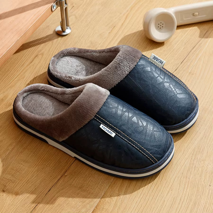 Men'S Slippers Winter Big Size Indoor Waterproof PU Leather Large Sizes Home Cotton Shoes Fur Flat Cotton Bedroom Houseshoes
